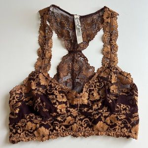 FREE PEOPLE S LACE RACERBACK BRALETTE BRA SO SEXY AND COMFY BURGUNDY GOLD